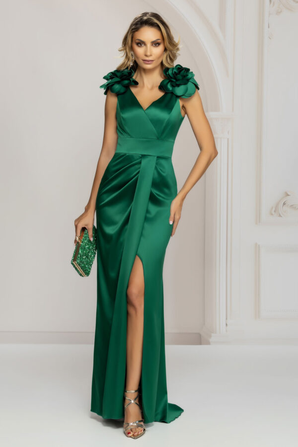 Rochie lungă și elegantă AVARO cu design petrecut și flori maxi detașabile