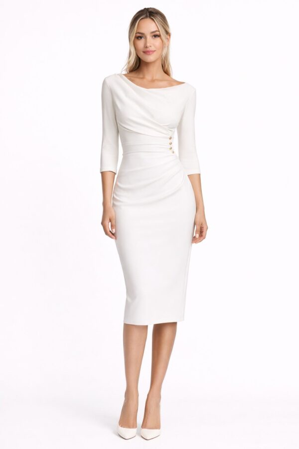 Avaro "Lumière" Rochie midi alba din vascoza cu drapaje