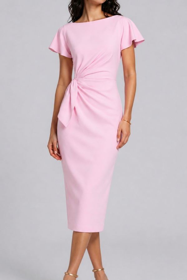Rochie AVARO midi roz cu drapaj în talie