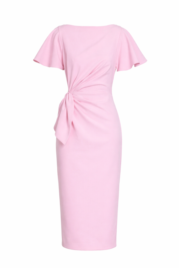 Rochie AVARO midi roz cu drapaj în talie