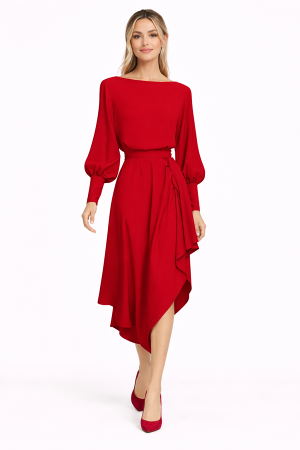 Rochie midi roșie, cu croi fluid și drapaj elegant în talie "Amour"